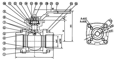 Q11F二片式高平臺球閥結構圖 Q11F二片式高平臺球閥結構圖